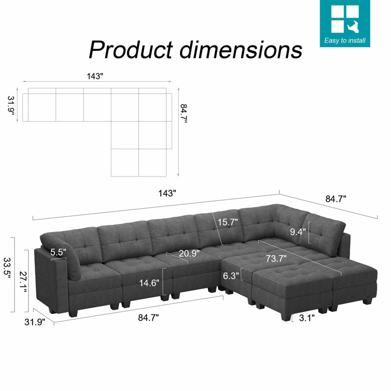 Ashbury Ivery Oversized 143" Wide Linen Reversible Modular Sofa Storage Seat Livingroom Couch, Dark Gray Polyester