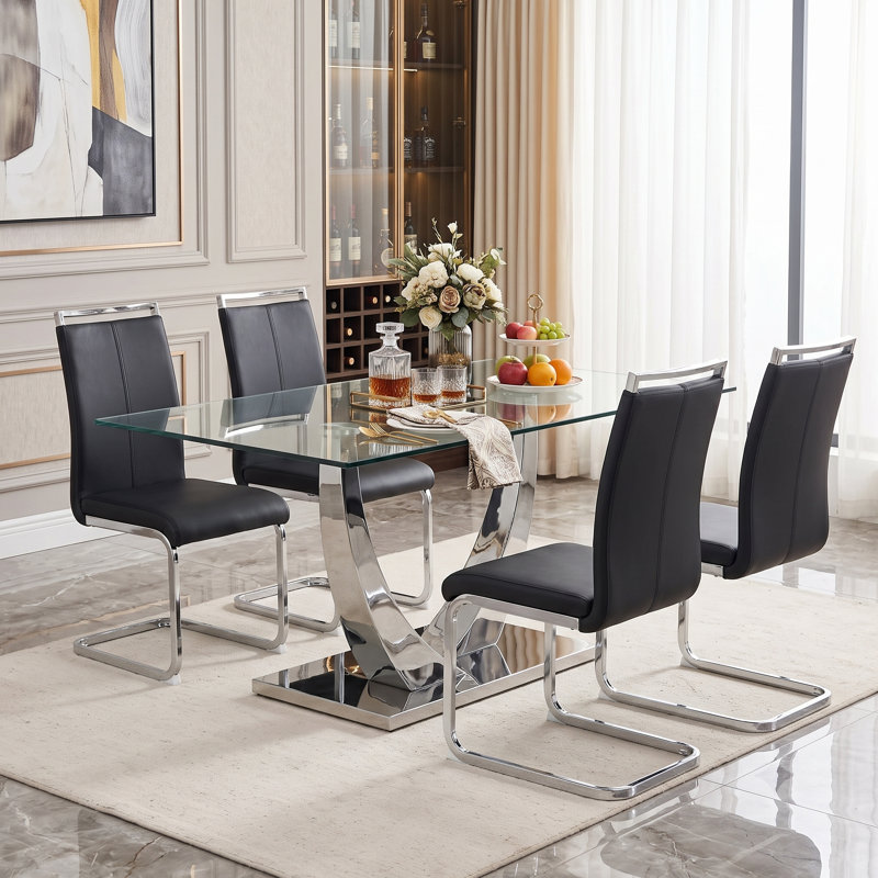 Modern Faux Leather Cantilever Dining Chairs with Chrome Base (Set of 4), Black, Silver, 4