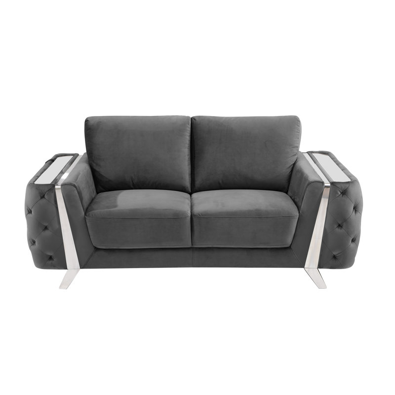 Causeuse à accoudoirs carrés en velours 72 po Nissa, Velours gris foncé, Chrome