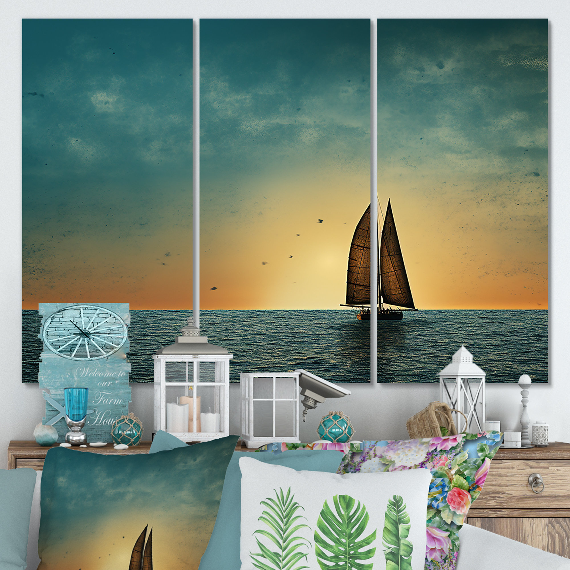 Coastal Beach Lobster Sailboat Throw Pillow Covers 18x18 Set of 2 ...