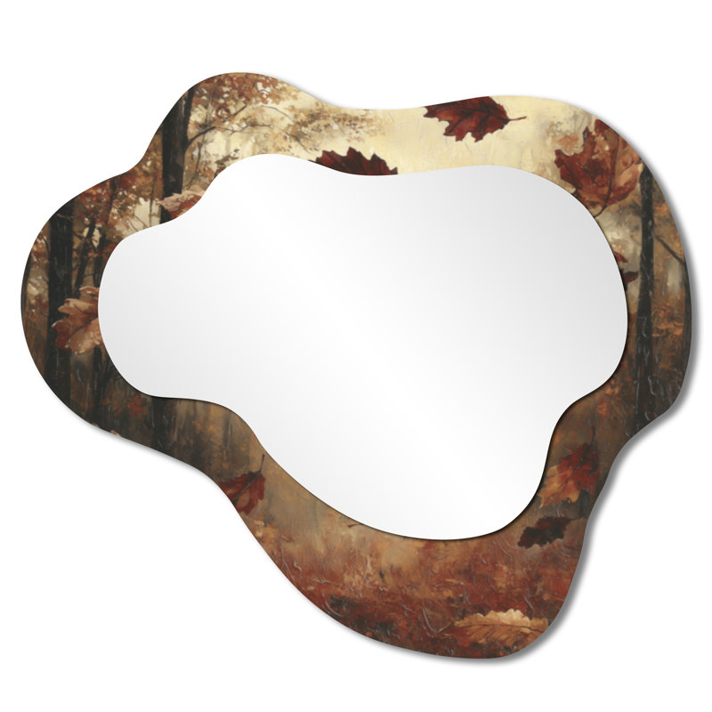 «Brown Falling Oak Leaves» - miroir décoratif asymétrique à feuilles, miroir mural traditionnel irrégulier, imprimé sur métal
