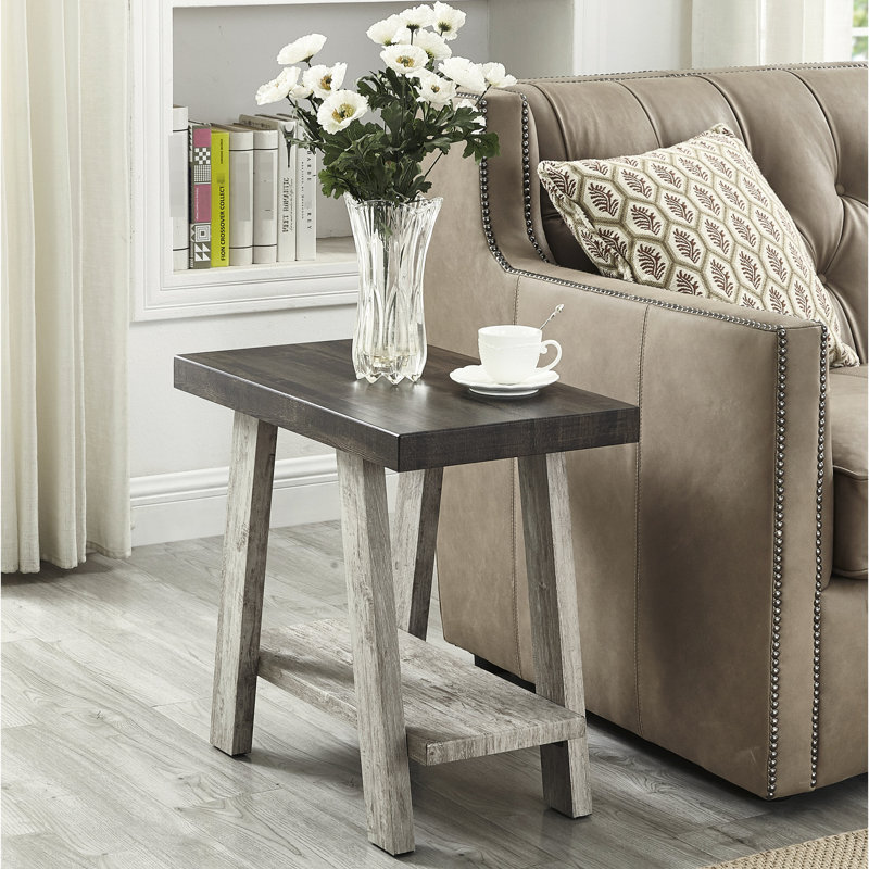 Table à tablette supplémentaire en bois gris patiné et noyer avec base, H 21,47 po x L 23,56 po x l 14,42 po, Gris foncé