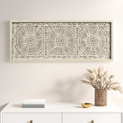 Medallion Wall Art - Rice Paper Natural Wood Finish 4 Hangers Artwork Glass Protected Easy To Hang