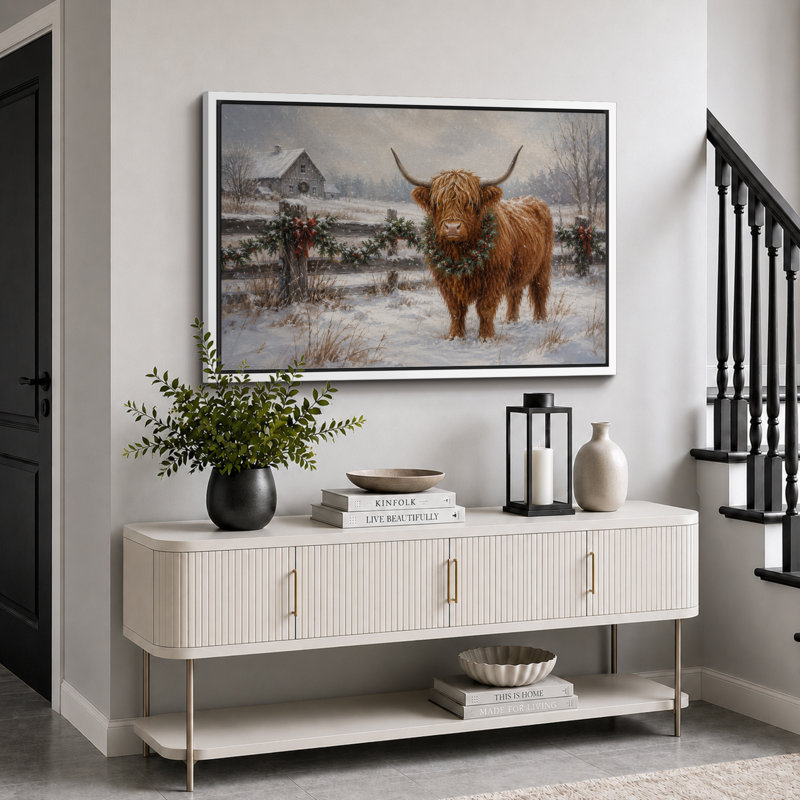 «Christmas Highland Cow Farm», photos de salon, impression sur toile encadrée, H 16 po x l 24 po x P 1,5 po, Cadre blanc