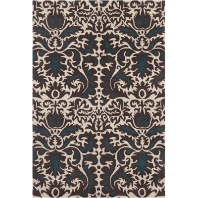 Tapis en laine damassé à motif abstrait brun, crème et bleu sarcelle Jethro