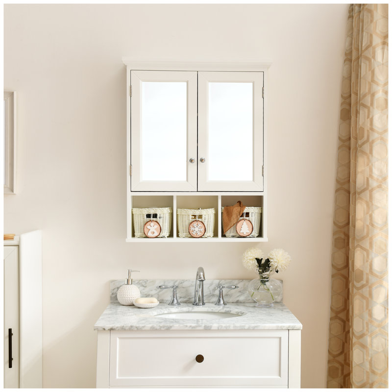 Armoire de rangement pour salle de bain, armoires à pharmacie pour salle de bain avec miroir, 2 tablettes réglables 2 portes + 3 paniers de rangement de style Noël, armoire murale en bois blanc