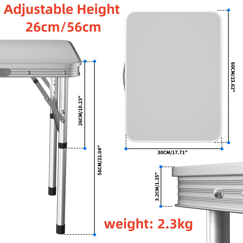 60cm Rectangular Adjustable Folding Table, 22" H x 24" W x 18" D