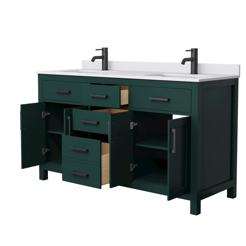 Beckett 60" Freestanding Double Bathroom Vanity with Cultured Marble Top, White Cultured Marble, Matte Black, Green