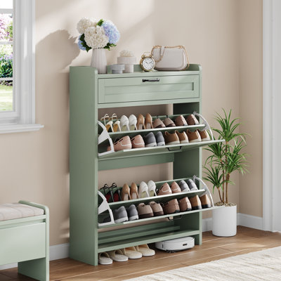 Range-chaussures avec 2 tiroirs rabattables, rangement dissimulé avec finition ultrabrillante pour vestibule et couloir, range-chaussures autoportant de 31,5 po de largeur