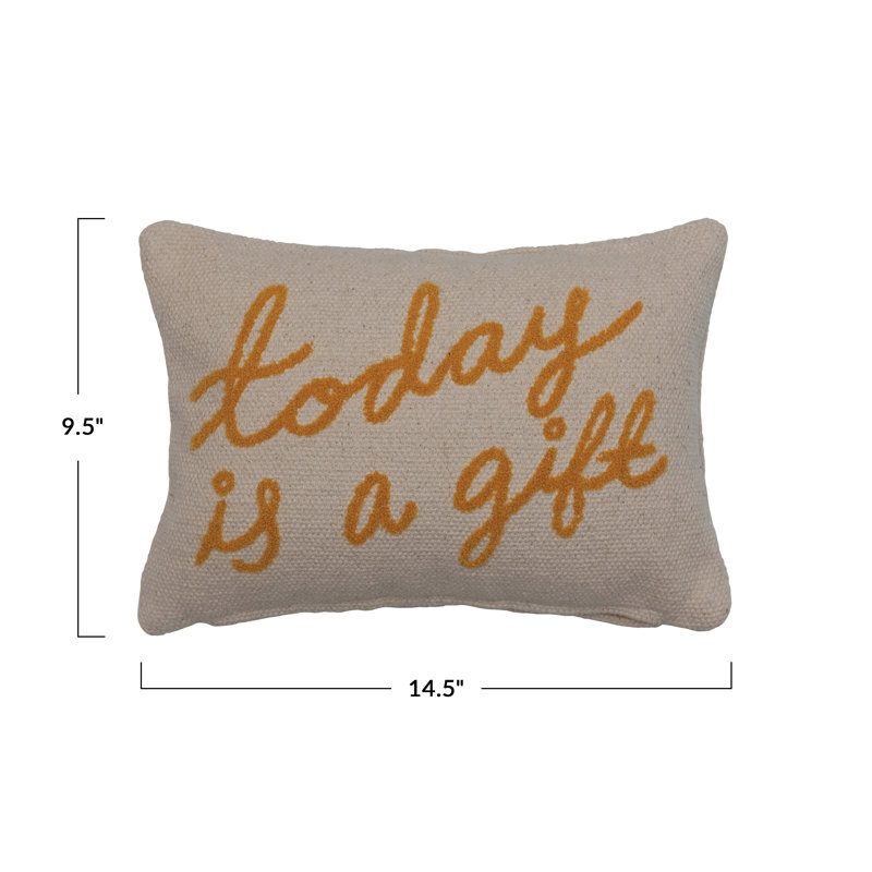 Cream and Mustard Embroidered Cotton Lumbar Pillow