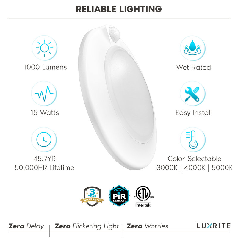 Plafonnier à détecteur de mouvement 4 lumières DEL 4 pouces 120 V 3 couleurs sélectionnables 3000K-5000K 30S Timeout 10W 600 Lumens Humide (paquet de 4)