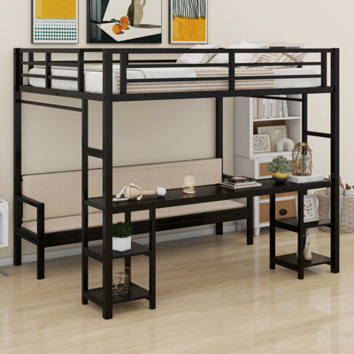 Lit superposé en métal / lit mezzanine avec bureau et tablettes, se plie en canapé avec DEL et USB