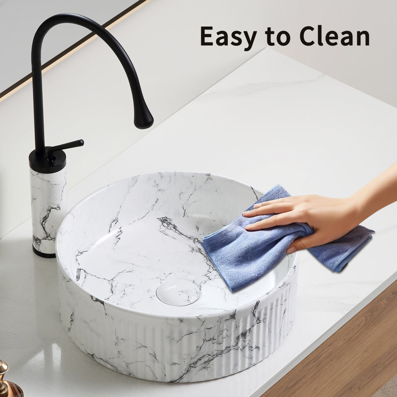 Round Black And White Marble Bathroom Vessel Sink - Porcelain Ceramic Above Counter Art Basin For Vanity And Cabinet | Gift Idea