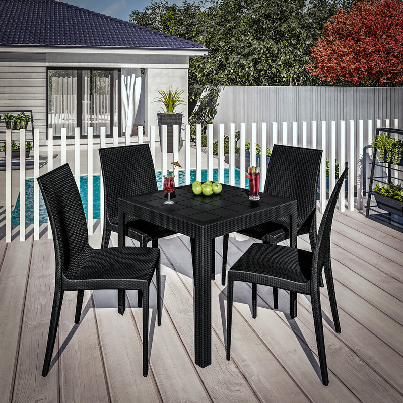 Ensemble de salle à manger d'extérieur 5 pièces avec table carrée et 2 chaises d'appoint, Noir