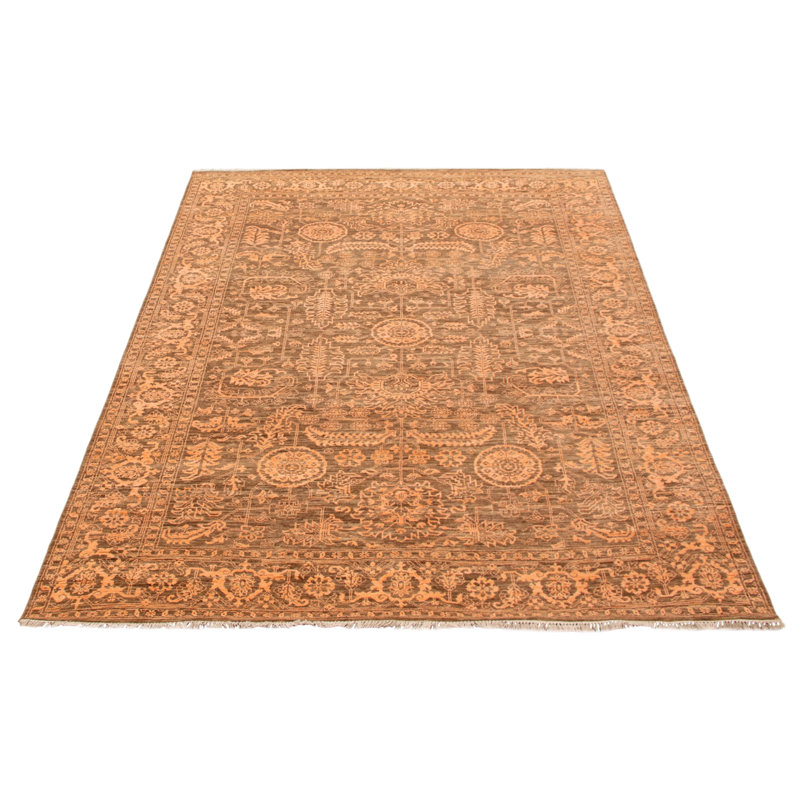 Tapis brun foncé noué à la main de conception unique 6 pi 3 po x 8 pi 10 po One Of Kind