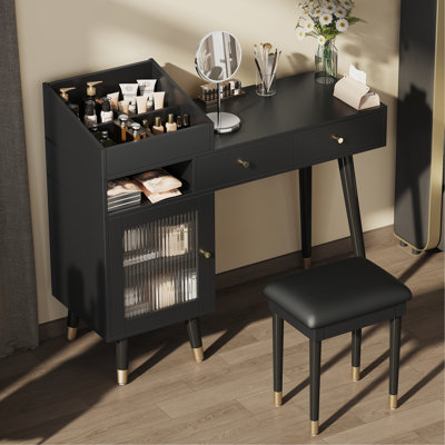 Space Black Makeup , Drawers, Cabinet, Charging Outlets, Ergonomic Soft-Seated Stool With Soft Foam, Square Desktop Organizer, Glass Door Detail Modern Dressing Table Black, Wooden Pu Padding, ,