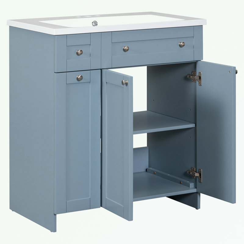 Meuble-lavabo de salle de bain avec lavabo en céramique, 2 portes à fermeture douce et tiroir profond à deux niveaux, Bleu