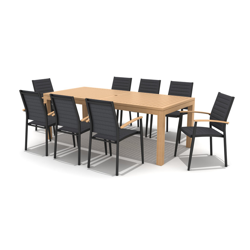 Ensemble repas d'extérieur 100% teck massif et aluminium 9 pièces Cenka