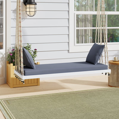 Balancelle de patio en bois, banc de balancelle suspendu avec coussin et coussins, cordes de chanvre pour le jardin, la cour, la pelouse
