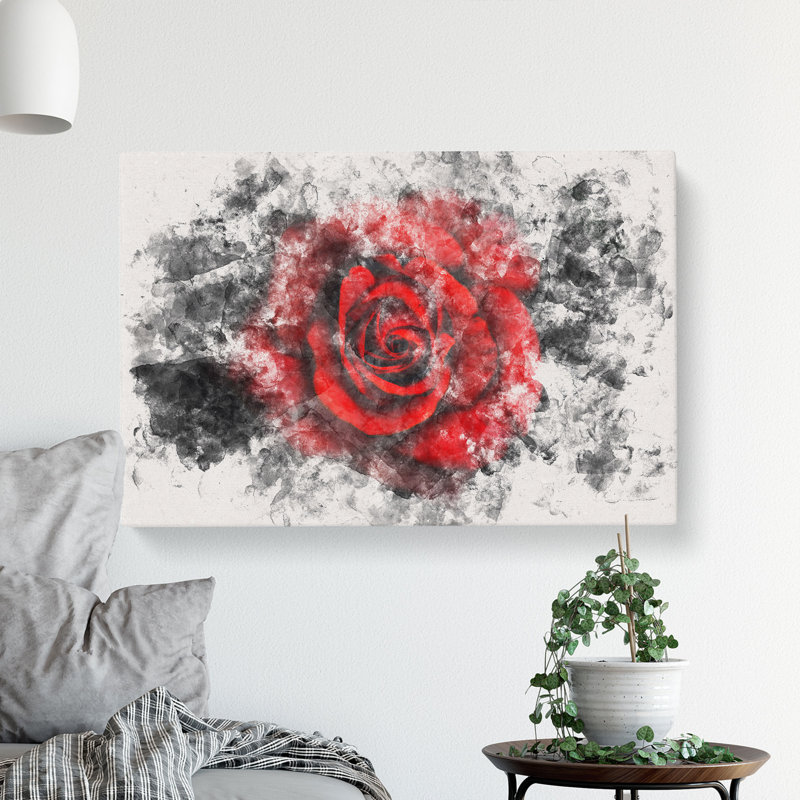 Red Rose In The Shadows Watercolour - Wrapped Canvas Print, 50cm H x 76cm W x 3cm D