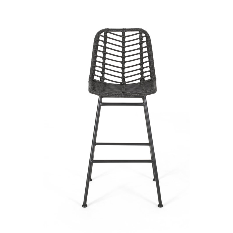 Gray and Black Wicker Outdoor Barstools with Iron Frame, Set of 2