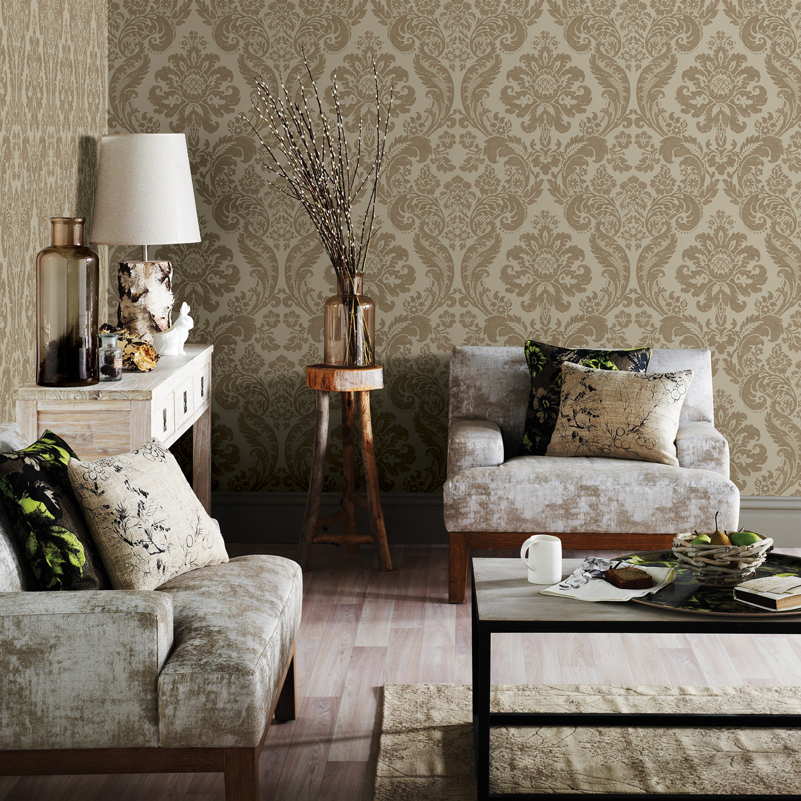 Melvin Damask Wallpaper, Khaki