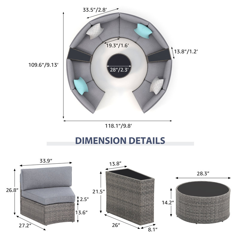 11 Piece 8 Person Outdoor Wicker Conversation Set With Cushions & Toss Pillow, Gray Frame/Gray Cushion