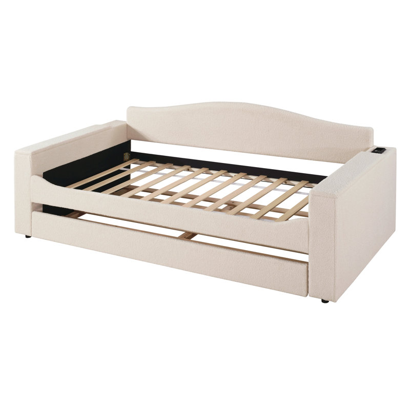 Twin Size Upholstered Daybed With Storage Armrests, Trundle And Latest Integrated Bluetooth Audio System, Teddy Fleece, Beige