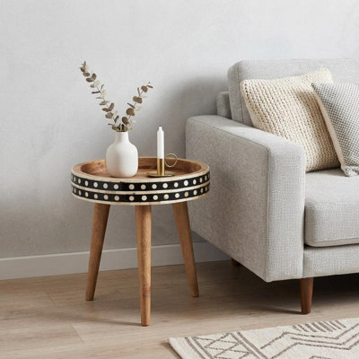 Table de bout ronde en bois massif et incrustations d'os brun 14 po 14 po