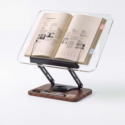 Support à livre rotatif avec porte-stylo et pince élastique pour page, support de livre et tablette réglable à 360 degrés pour la lecture mains libres, l'étude, les recettes et la musique, panneau en acrylique