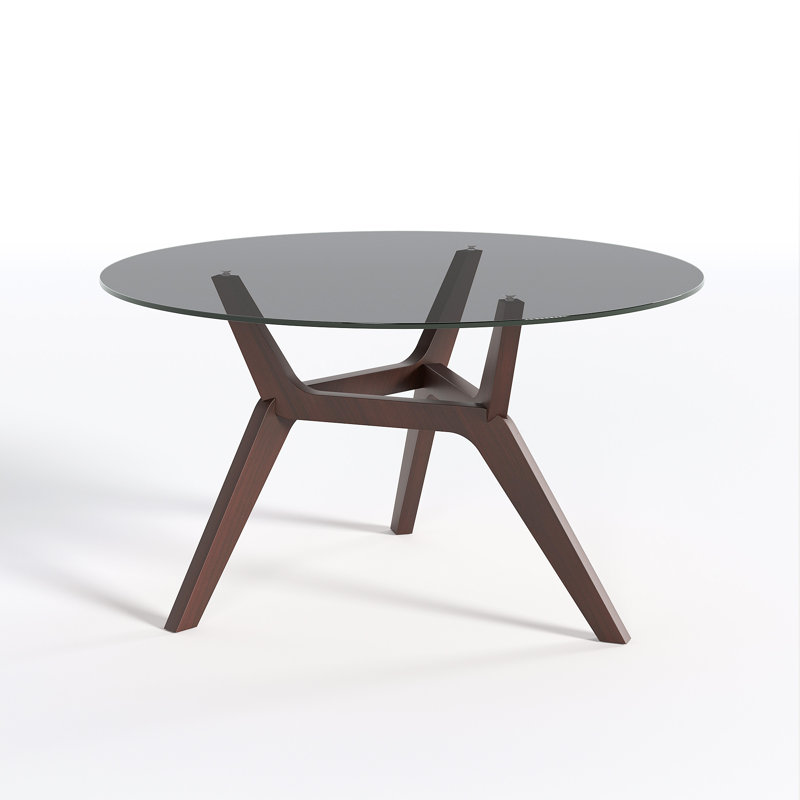 Round Coffee Table with Solid Wood Legs, Minimalist Tempered Glass Table, Walnut
