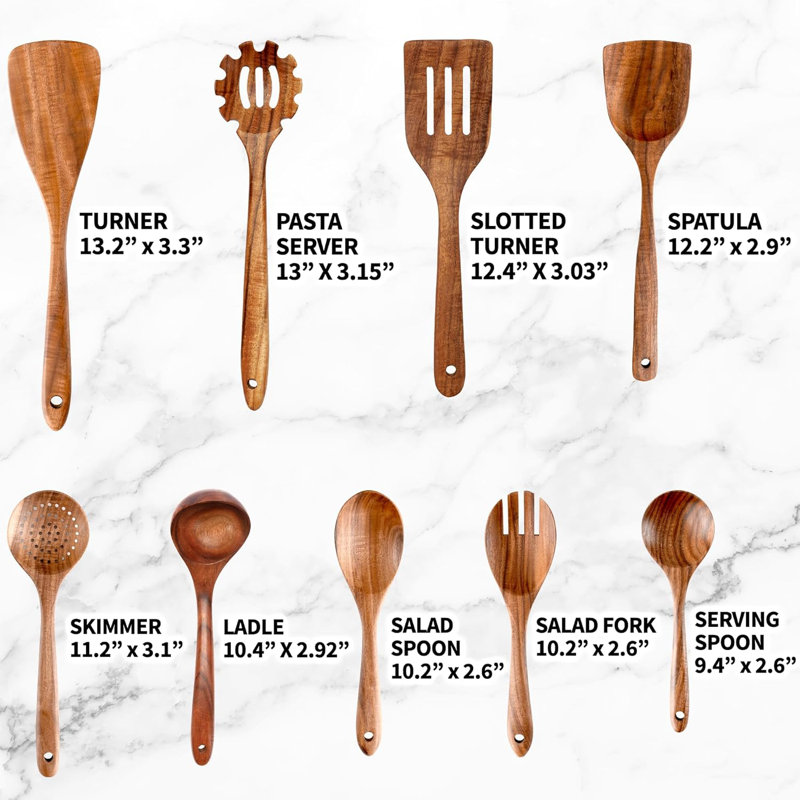 Ustensiles en bois de teck pour la cuisine 9 pièces Zulay Kitchen - Ensemble d'ustensiles en teck naturel avec boîte-cadeau de qualité supérieure - Cuillères en bois antiadhésives pour la cuisine