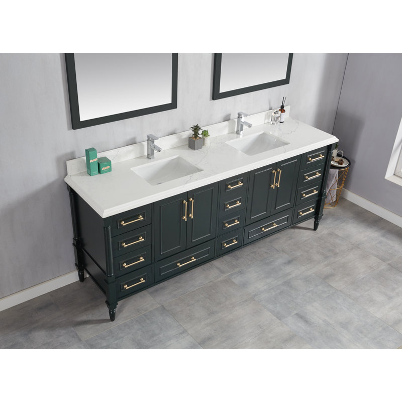 Meuble-lavabo double l 84 po x P 22 po x H 36 po Flavell, Marbre de Carrare, Vert forêt foncé