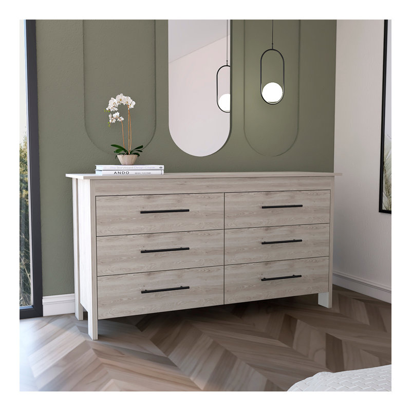 Commode double, quatre pieds, 6 tiroirs, plateau supérieur, gris clair
