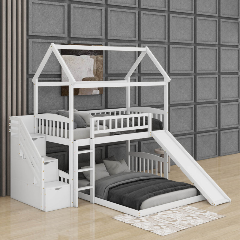 Twin Over Full House Bunk Bed With Slide, White