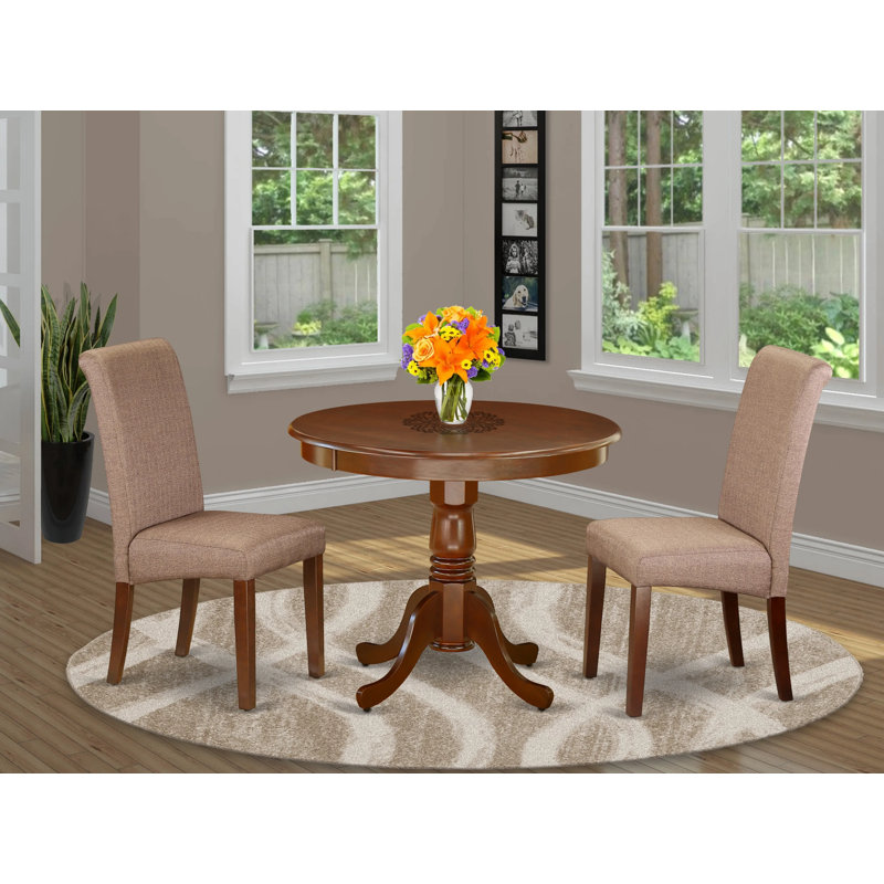 3 Piece Dinette Set for Small Spaces Contains a Round Kitchen Table with Pedestal and 2 Light Brown Linen Fabric Parson Dining Chairs, Mahogany