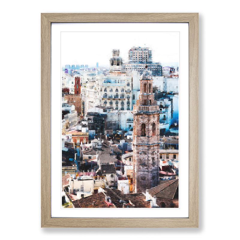 Valencia Skyline in Spain - Picture Frame Painting Print, 63cm H x 45cm W x 2cm D, Oak Framed