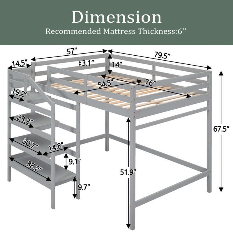 Hayons Kids Full Loft Bed, Grey