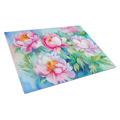 Peonies in Watercolor Glass Cutting Board Large
