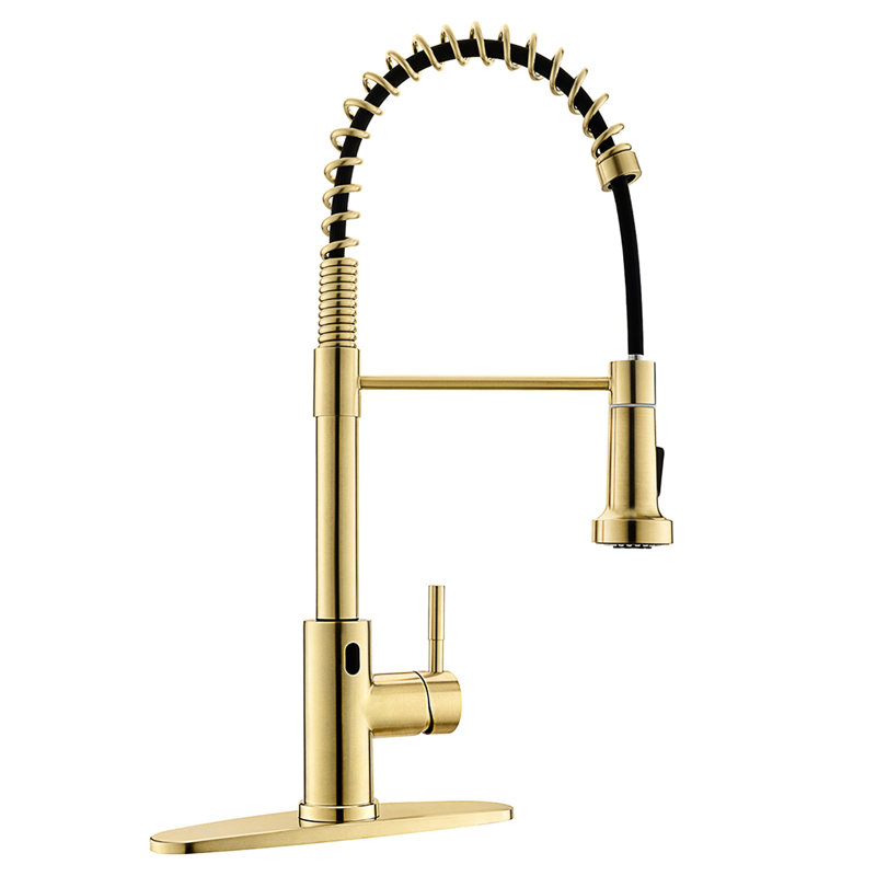 Hands Automatic Smart Faucet - Touchless With Modern Pull Down In Brushed Gold For Convenient Kitchen Use Stainless Steel 2-Inch Sensing Distance &