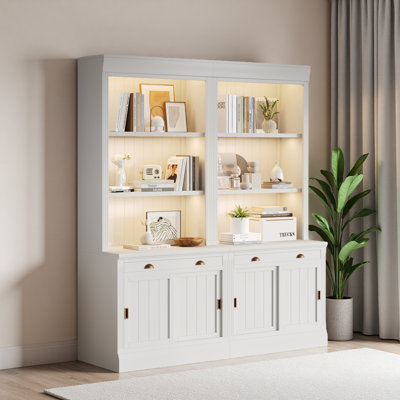 Ensemble de bibliothèque de 83,4 po de hauteur avec éclairage à DEL, ensemble de bibliothèque moderne avec portes coulissantes, tiroirs et tablettes ouvertes, bibliothèque de rangement pour le salon