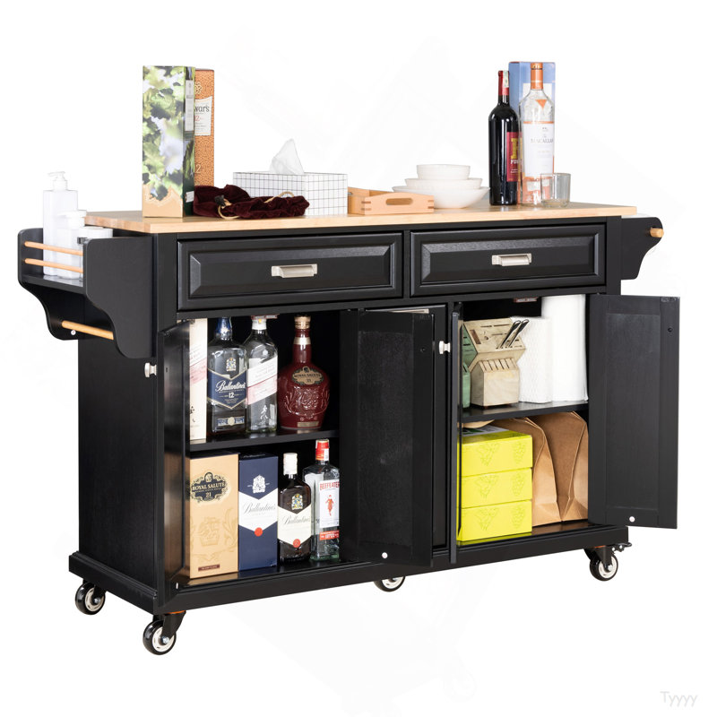 Kitchen Island With Rubber Wood Countertop, Kitchen Cart On 5 Wheels With Storage Cabinet And 2 Top Drawers And A Center Double Layered Storage Drawer For Dinning Room