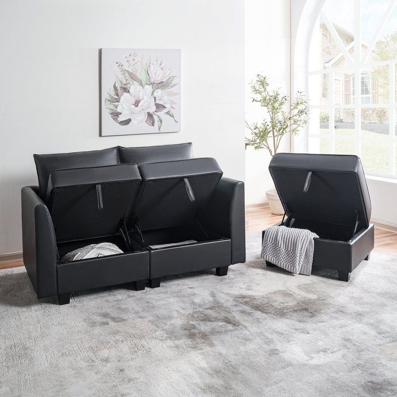 Modular Convertible Sectional Air Leather Loveseat Sofa, Black Air Leather