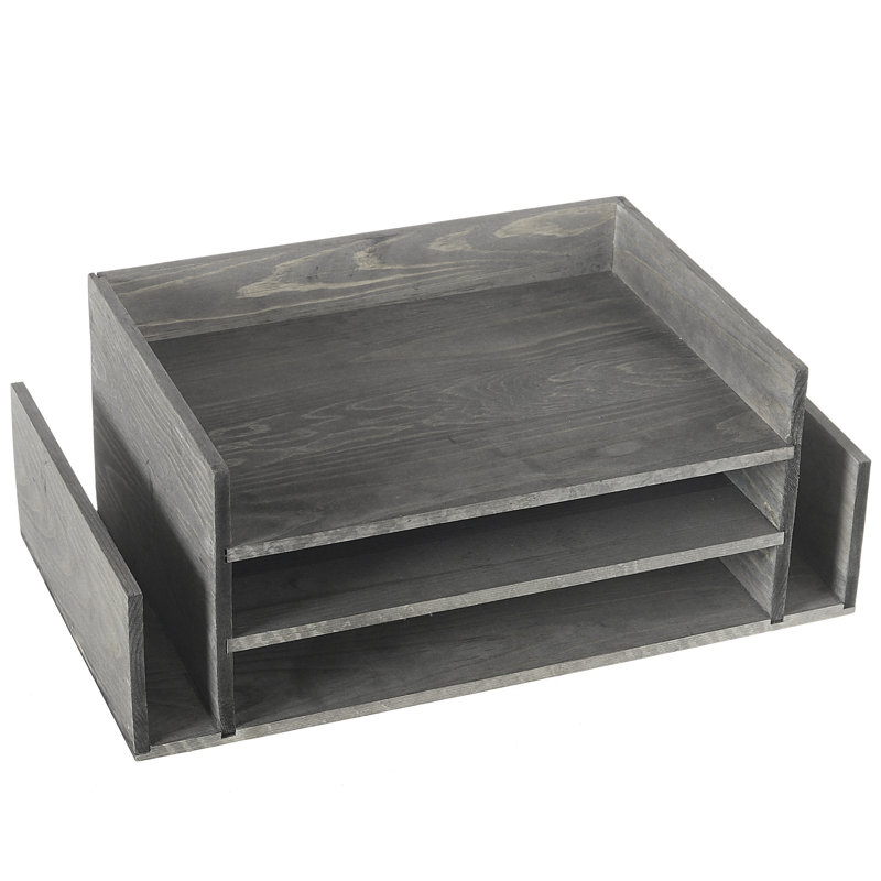 Solid Wood 3-Tier Document File Organiser, Grey