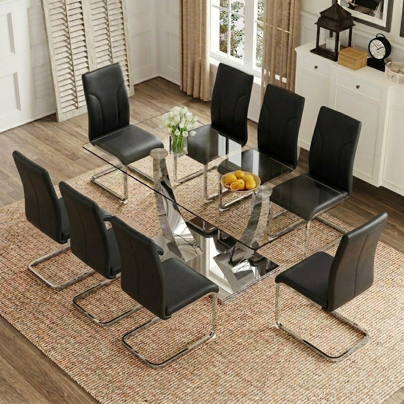 Ensemble de salle à manger 9 pièces, 9 Pieces: Table, 8 Chairs, Black, 30" H x 71" W x 35" D