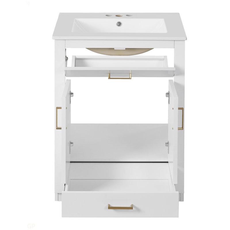 Meuble-lavabo 24 po avec lavabo en céramique intégré, armoire de salle de bain avec 2 portes, 1 tiroir basculant, meuble-lavabo simple pour salle de bain petite et moyenne, blanc