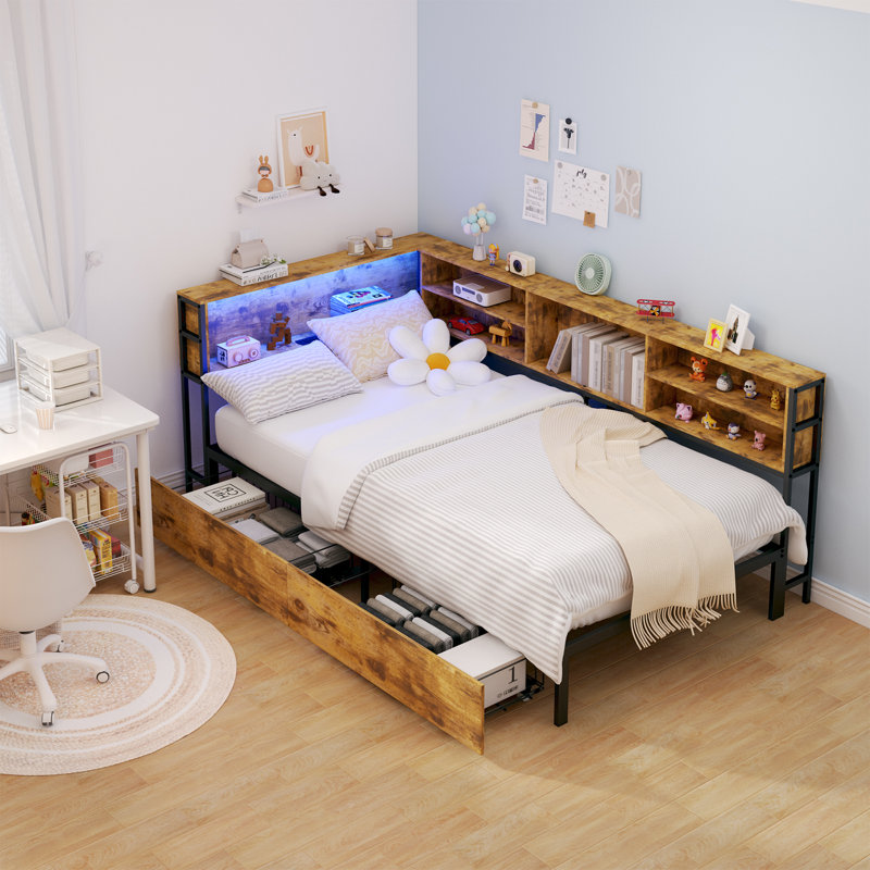 Cadre de lit d'angle simple brun avec bibliothèque de rangement, lit de jour avec tiroirs sous le lit, lit pour enfant avec éclairage DEL et station de charge