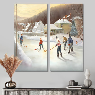 Enfants jouant au hockey en hiver IV - art mural de hockey sur glace 2 pièces