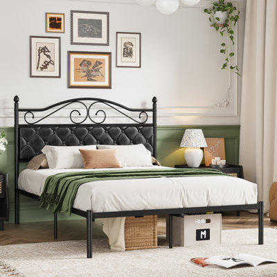 Vintage Metal Platform Bed With Premium Leather Headboard