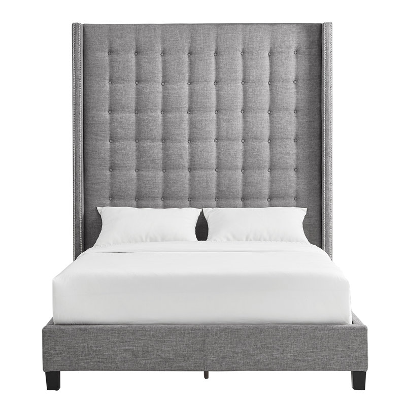 Kaster Upholstered Linen Wingback Bed, Queen, Pewter Grey Linen